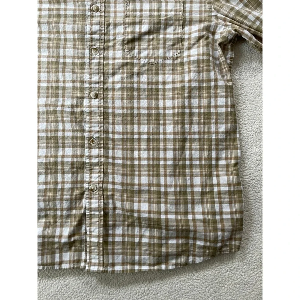 Banana Republic Mens Large Button Down Shirt Tan Plaid Untucked Fit Long Sleeve
